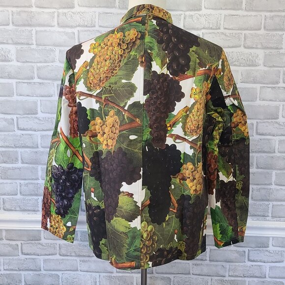 Flan Labs Printed Denim Jacket Men M Green Grapes Button Up NEW Art to Wear $495 - Picture 4 of 11
